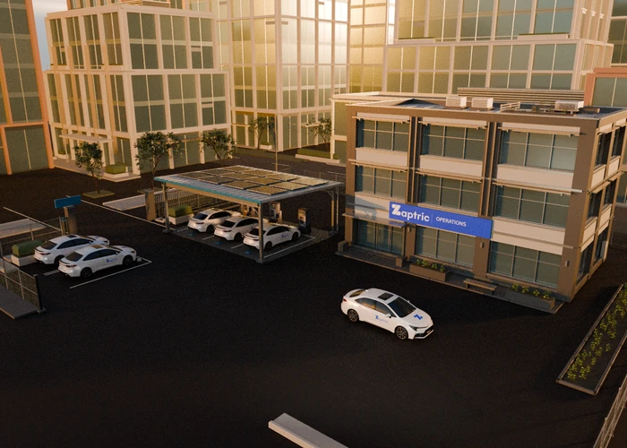 Architectural 3D study of a branded electric fleet depot with solar charging canopy, operations building and parked illustrative vehicles